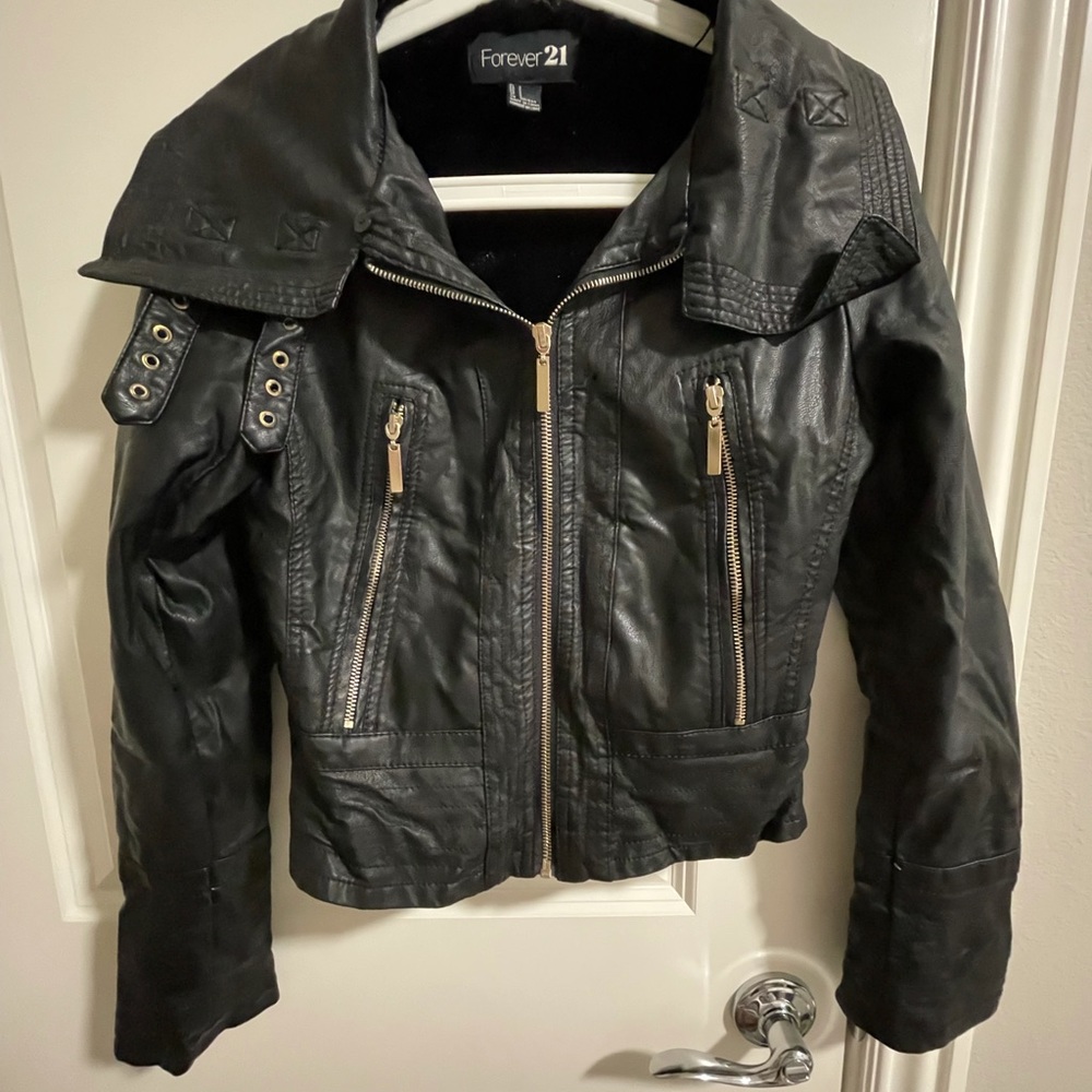 A faux leather moto jacket
